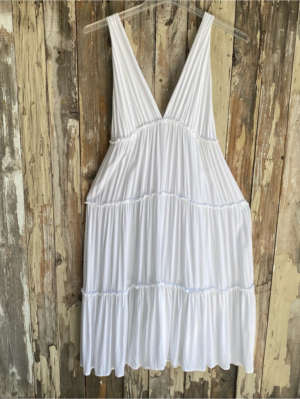 Raviya white deep V tiered maxi dress swim cover up beachwear vacation M